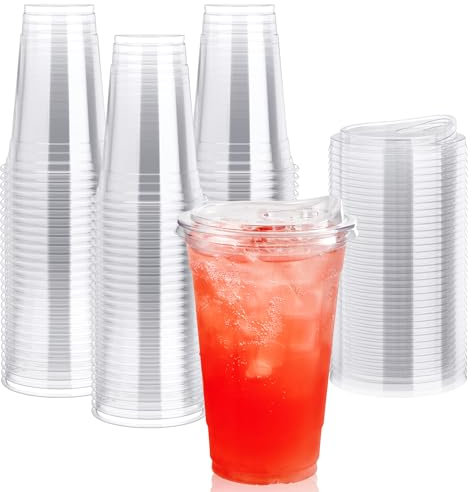 Lilymicky Paquete de 90 vasos de plástico transparente de 567 g con tapas sin popote, desechables a través de tapas para café helado, batido, slurpee o cualquier bebida fría