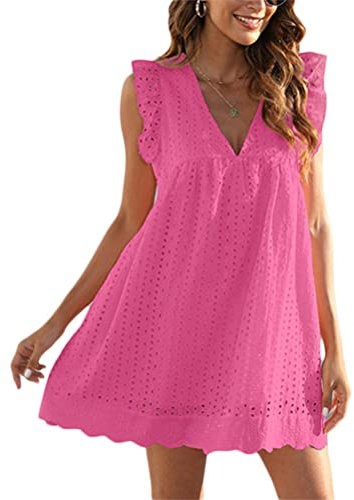 Minetom Robe d'été pour Femmes Tenue décontractée avec Short intégré élégante Robe à col en V à Manches volantées Dentelle Jacquard Couleur Unie Robe Ample avec Poches A Rose Rouge M