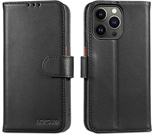 LENSUN Echtleder Hülle für iPhone 13 Pro, Handyhülle [Echtes Leder][Magnetverschluss][RFID Schutz] Handytasche Lederhülle Kompatibel mit iPhone 13 Pro 5G - Schwarz