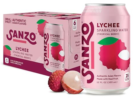 Sanzo Flavored Sparkling Water - Tropical Berry Seltzer (Lychee) - Low Calorie Low Sugar - Craft Asian Drinks - Vegan Gluten Free Carbonated Flavored Water - Fizzy Healthy Drinks - 12oz, 6 Pack