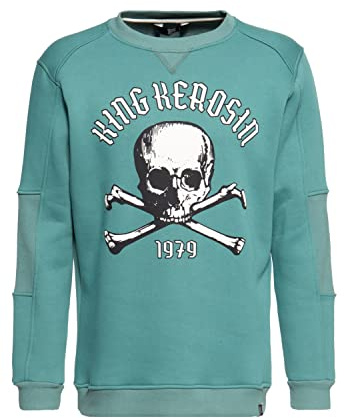 King Kerosin Herren Basic Pullover Langarm Front Print Regular Fit Skull Rippbund Rundhals Totenkopf 1979