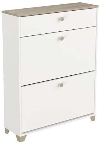 Demeyere Meuble à Chaussures 2 Abattants et 1 Tiroir- Décor Chêne Kronberg et Blanc - Style Contemporain- Pour Entrée- L80,8 x P24,4 x H104,3 cm