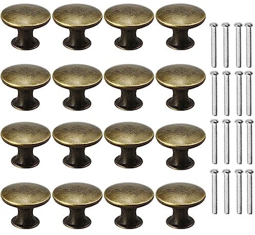 16 Pcs Round Drawer Knobs Bronze Kitchen Cabinet Drawers with Screws, Vintage Copper Round Knobs Handles for Drawer Wardrobe Cupboard Door