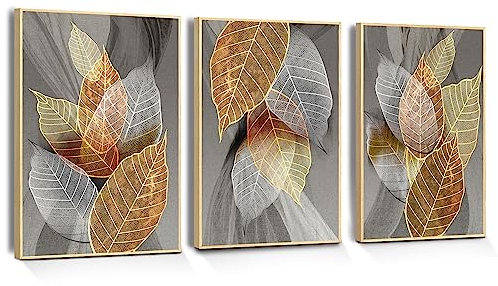 hyidecorart Blätter Bilder Mit Rahmen Holz, Natur Golden Pflanzen Blatt Wandbild, Modern Wandbilder Wohnzimmer Schlafzimmer Küche Esszimmer und Büro