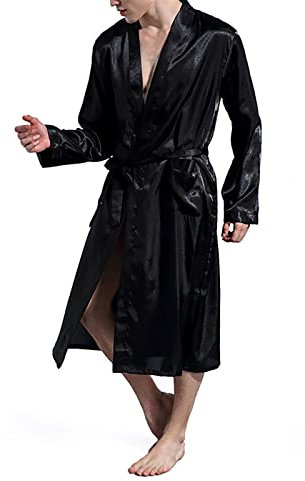 Pigiama da uomo in due pezzi, da uomo, in raso, con bottoni, vestaglie, leggero, da sauna, kimono giapponese, camicia da notte, Nero , XXL