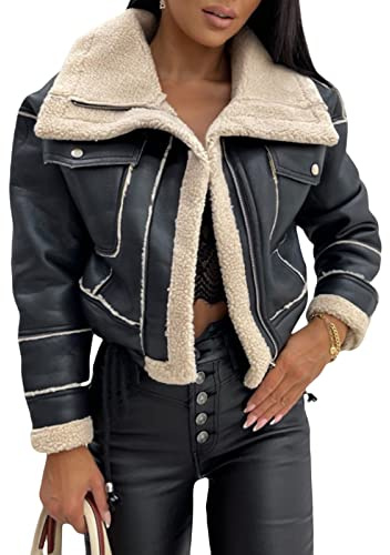 FeMereina Women Faux Suede Leather Jacket Motorcycle Biker Sherpa-Lined Coat Fur Collar Winter Aviator Leather Coat Bomber Jacket