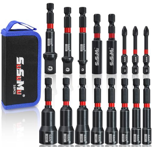 16PCS Impact Rated Magnetic Nut Driver Set with Socket Adapter Set and Phillips Screwdriver Drill Bits, Extension Bit Holder,1/4 Quick Change Hex Shank for Cordless Impact Wrench Drive Nuts Or Bolts
