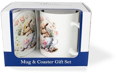 Purely Home Bunny Mug & Coaster Gift Set - Teacup & Flowers Bone China Mug and Glass Coaster Set - Tea/Coffee Present