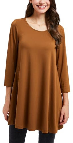 Enmain Womens Tunic Tops 3/4 Long Sleeve Ladies Brown Tunics Casual Longline Loose Tunic Top for Leggings Round Neck Blouses Shirts XL