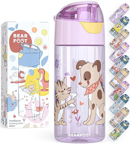 BEARFOOT Trinkflasche Kinder 450ml, leichte Tritan Wasserflasche, BPA frei, auslaufsicher, Kohlensäure geeignet, spülmaschinenfest für Jungen, Mädchen, Kleinkind (Lila - Hund Katze)