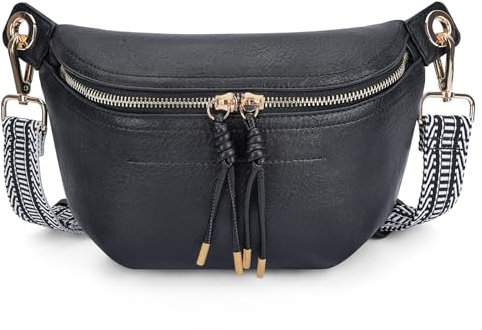 HKCLUF Gürteltasche Damen, Veganes Leder Bauchtasche Damen Stylisch Hüfttasche Umhängetasche mit 2 Riemen Schwarz