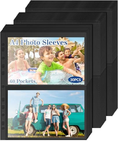 30 Pack 60 Taschen Fotohüllen A4,Postkartenhüllen A5 Klarsichtfolien Klarsichthüllen A4 2 Fach Geteilt Fotohüllen ür A4 2/3/4 Ringbuch,SammelHüllen Insert Sichthüllen für Postkarten Fotos