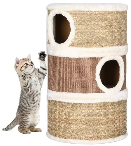Gecheer Katzen Kratztonne 60cm Seegras Kratzsäule Kratzbaum Kratzturm Katzenbaum,Katzenhöhlen 36 x 60 cm (Durchmesser x H) Mit 3 Katzenhöhlen,Spanplatte,Plüsch,Seegras Braun