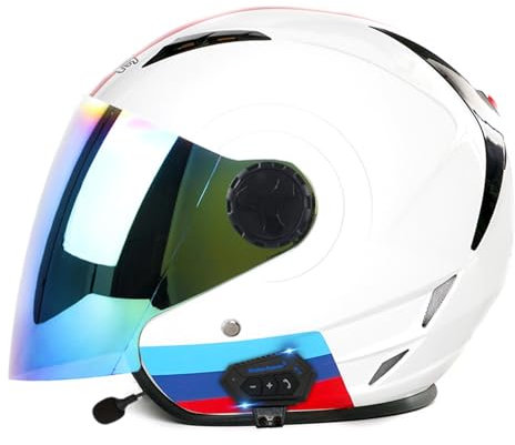 Motorradhelm Bluetooth Jethelm 3/4 Helm,ECE Zertifizierung Motorrad Integrierter Bluetooth-Helm Jet Scooter Helm Rollerhelm Jet-Helm Herren Damen Mit Doppelspiegel Herren Damen 14,L