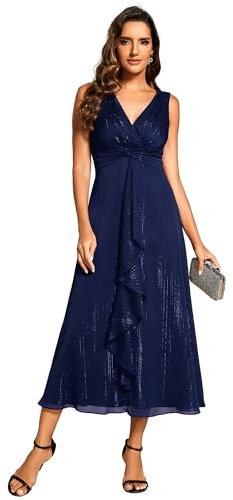 Ever-Pretty Women's Cocktail Dress Glitter Sleeveless Swing Party Dress Waist Knot Design Navy Blue 18UK
