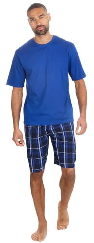 Mens Short Sleeve Pyjama Set Jersey Loungewear Bright T-Shirt and Woven Check Shorts Set Adults Nightwear (Royal-Royal, L)