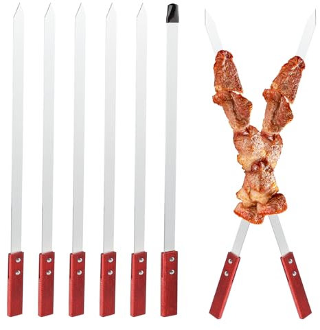 Spiedini in metallo per kebab, 6 spiedini piatti per kebab, in acciaio inox, lunghezza 60 cm, larghezza 2 cm, bastoncini per barbecue Adana con manico in legno, accessori per grigliare
