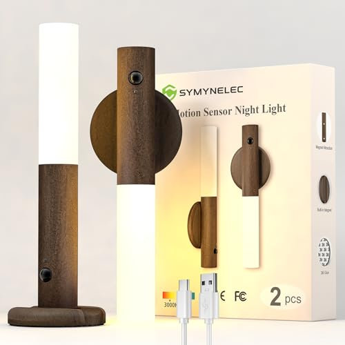SYMYNELEC Motion Sensor Night Light, LED Rechargeable Wall Lights, Wireless Peel and Stick Night Lights, Removable Magnetic Portable Wooden Wall Sconce for Indoor Hallway Stairway (Walnut Wood 2PCS)