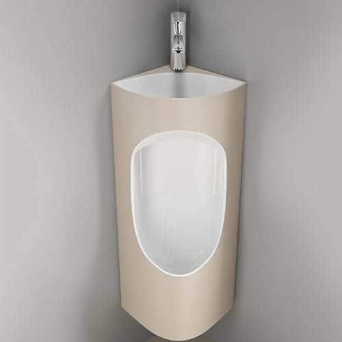 OLSKFUH Eckurinale für Männerbadezimmer, Urinal mit Wasserhahn und Waschbecken, Keramik-Urinale, Garagen-Urinal, Männer-Urinal auslaufsicher, Beige