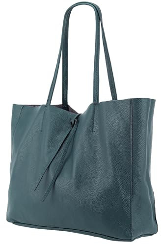 SH Leder ® Damen Echt Rindleder Shopper in Querformat mit Innentasche in vielen Farben Schultertasche Henkeltasche 30x37cm Maja G514 (Petrolblau)