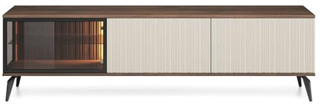BETTSO - TV Schrank - Fernsehschrank - Vitrinenschrank Wohnzimmer - 180cm breit, 50cm hoch - Stilvoller TV Lowboard mit Licht - Elegante Rillen, hohe Beine, Push to Open System - Holzoptik und Beige
