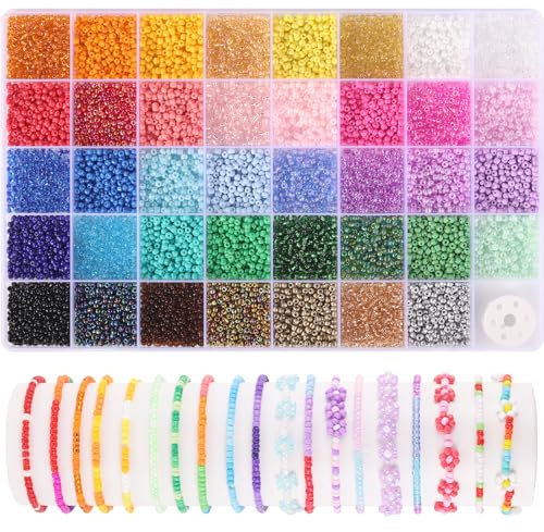 Funtopia 3mm Perlen für Armbänder, 39 Farben 5 Typen Perlen Zum Auffädeln Armbänder Selber Machen, Perlen Set Kinder Mädchen für Bastelset (9600 Stück)