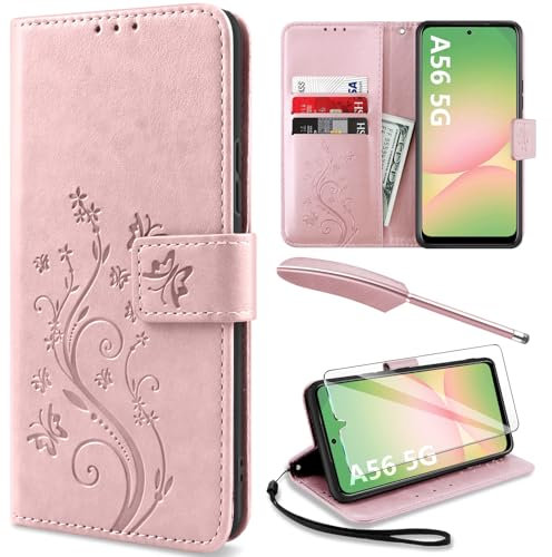 YIRSUR for Samsung Galaxy A56 Case with Screen Protector and Touch pen, Leather Flip Wallet Women Girls Case Magnetic Closure Cover with Card Slots and Kickstand for Samsung A56 5G Phone Cover Pink