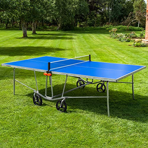 VERMONT TS100 Table de Tennis de Table d’Extérieur | Table de Taille Réglementaire | Cadre en Acier et Roues à 360° | Raquettes/Balles en Option (avec Housse de Protection, Table Seule)