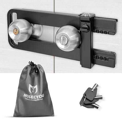 MOSECYOU Double Door Locking Device, French Door Lock Security Barricade, Keyed Extra Door Lock for Doors with Double Handles/Knobs/Levers, All Metal Construction, Safety U-Shaped Bar Prevent Kick Ins