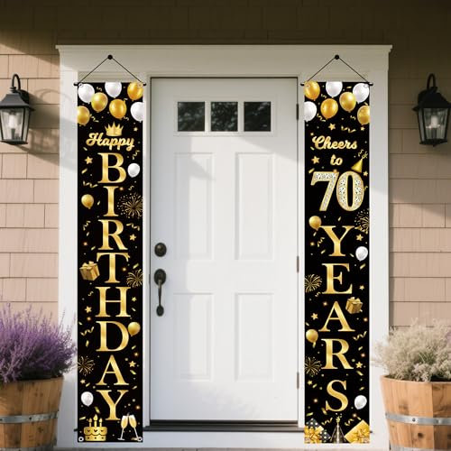 70 Geburtstag Deko Banner Schwarz Gold- 2 Stück 70 Jahr Geburtstagsdeko Happy Birthday Türbanner, Stoff Geburtstagsbanner für 70. Frau Männer Geburtstagsfeier Dekoration