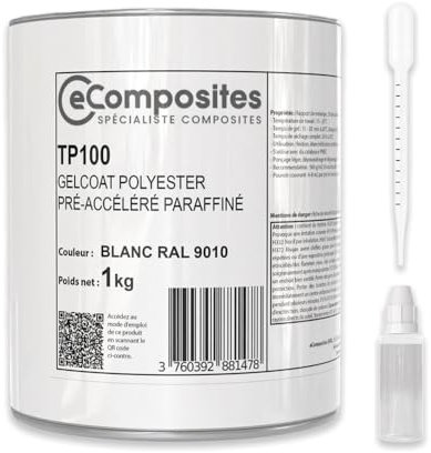 Gelcoat Polyester | 1 kg | Blanc RAL 9010 | + Catalyseur PMEC + Pipette de dosage 3 ml, Gel Coat pour Bateau, Topcoat pour Camping car