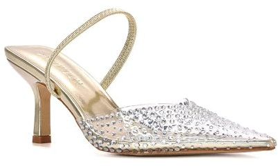 ESSEX GLAM Women's Slingback Court Shoes Ladies Clear Stiletto Heel Perspex Diamante Jewel Point Toe Party Sandals Size 3-8
