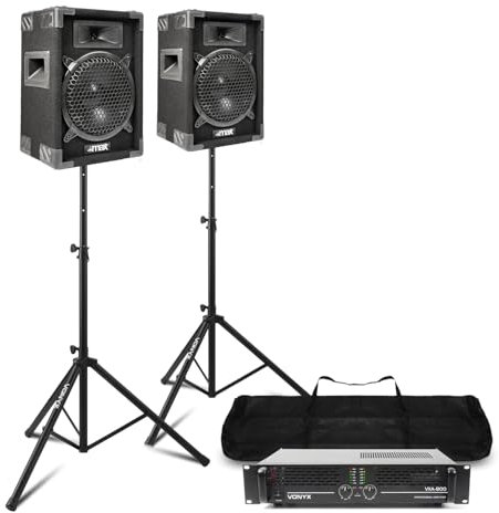 MAX8 8 Passive DJ PA Speaker System with Vonyx Amplifier, 2 Speaker Stands & 2x 6m Cables – Complete 800W DJ Speaker Kit for Events, Parties, Karaoke, Live Sound, Home Use