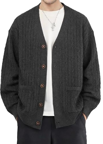MLANM Men's Cable V-Neck Knit Cardigan Casual Relaxed Fit | Lightweight, Soft, Long Sleeve, Button Front, No Pocket,Winter Outerwear, Ideal for Daily Wear, Office, Travel, Mens Gift