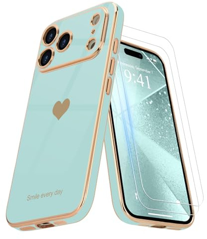 Teageo für iPhone 17 Pro Max Hülle+2 Schutzfolie Herzmuster, JuwelGrün | Mädchen Stilvoll Galvanisierte Schutzhülle Weich TPU Phone Case