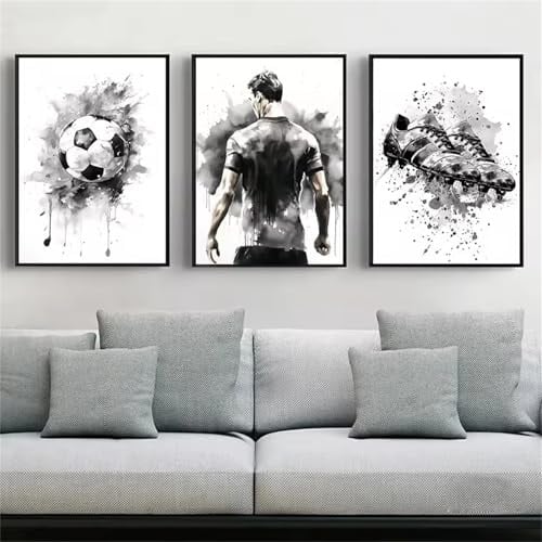 Ueiwffzo 3er Fußball Poster Set, Schwarz und Weiß Fußball Kinderzimmer Wandbilder, Fussball Bilder Kinderzimmer Jungen Sport Wandbilder für Wanddeko, Ohne Rahmen (21x30cm)