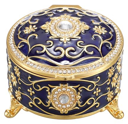 SUMTree Vintage Schmuckkasten mit Deckel Retro Schmuckschatulle aus Aluminium Runde Ringbox Dunkelblau Schmuckkästchen Schmuckbox für Kette, Ohrringe Damen Geschenk für Geburtstag, Hochzeit (Klein)