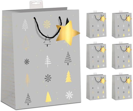 PremiumLine Geschenktüten Weihnachten Groß, 6 Stück | Hochwertig beschichtet & mit Beschriftungskarte | Sehr Stabil, Verstärkter Boden & Rand | FSC® Karton 210 g/m² | DIN A4 (26x32x12cm)