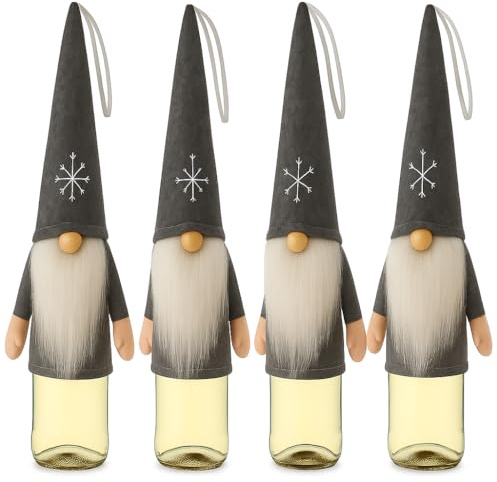 hausleben 4er Flaschen-Deko Wichtel 35 cm Grau Filz für Weinflaschen | Weihnachtswichtel mit langem Bart & Körper, ideale Geschenkidee für Champagner, Weihnachtsdeko & Tischdeko im Polybeutel