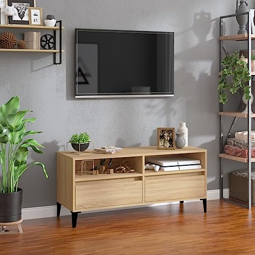 Yunovire Meuble TV en chêne Sonoma 100 x 34,5 x 44,5 cm, armoire multimédia moderne pour salon, meuble TV stable avec beaucoup d'espace de rangement