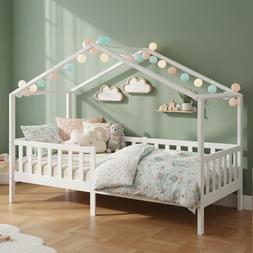 Bellabino Bia Kinderbett 90x200 cm, Hausbett, Weiß, mit Rausfallschutz | Montessori Holzbett aus Massivholz Kiefer, mit Lattenrost, für Jungen & Mädchen, Kinderzimmermöbel, Bettgestell, Holzrahmen