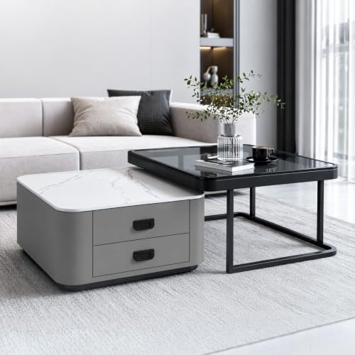 2-Teiliges Set aus Ineinanderschiebbaren Couchtischen mit Beistelltischen und Marmorplatten, Geeignet für Wohnzimmer und Büros, Weiß