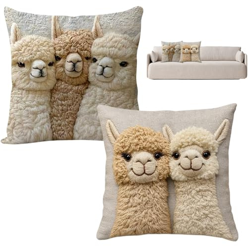 2 Pcs Alpaka Deko Kissen Wohnzimmer Kissen Landhausstil Alpaca 45x45cm | Pillow Kissenbezüge Niedliche ,Weiche Tiere Tier-Stickerei ,Drucken Dekokissenbezug ,Brau Beige Alpaka Muster