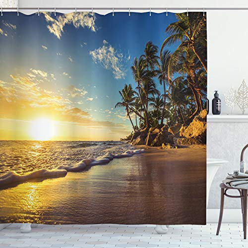 ABAKUHAUS Bunt Duschvorhang, Exotic Beach Sunset, Stoffliches Gewebe Badezimmerdekorationsset mit Haken, 175 x 200 cm, Braun Gelb Blau