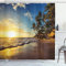 ABAKUHAUS Bunt Duschvorhang, Exotic Beach Sunset, Stoffliches Gewebe Badezimmerdekorationsset mit Haken, 175 x 200 cm, Braun Gelb Blau