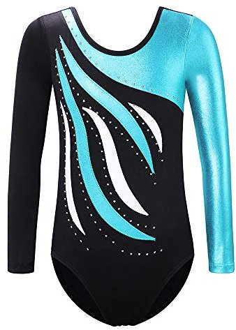 XFGIRLS Gymnastikanzug für Mädchen, langärmelig, glitzernd, glänzend, athletisch, Ballett, Tanz, Turnanzug, 3–14 Jahre, schwarzblau, 9-10 Years