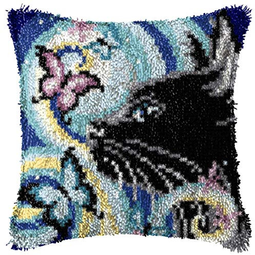 Katze Knüpfkissen Zum Selber Knüpfen DIY 3D Sofakissenbezug Knüpfen Kissen Knüpfset Knüpf-Sets Für Kinder Erwachsene Und Anfänger Kreuzstich Set Handgemachte Geschenke Latch Hook Kit 43Cmx43cm,B