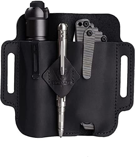 VIPERADE PJ19 Multitool Sheath EDC Belt Organizer Handmade 2 Pocket Belt Leather Sheath for Men/Knife/Tool/Flashlight/Tactical Pen, Pocket EDC Organizer (Black-PJ19)