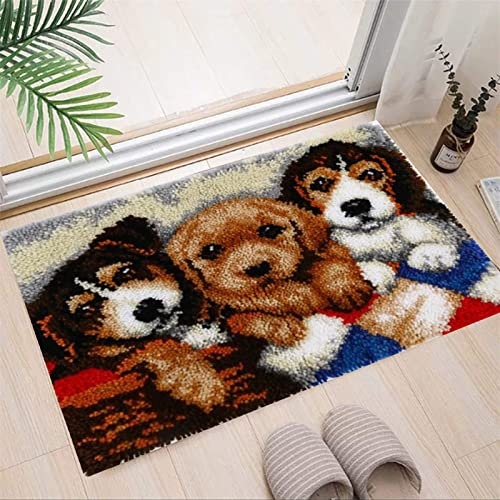 VIONNPPT Karikatur Hund Knüpfteppich Zum Selber Knüpfen DIY Stickkissen Teppich, Unfinished Häkelteppich Set mit Vordruck, Latch Hook Kits für Kinder Erwachsene (DREI Doggy,60cmx40cm)