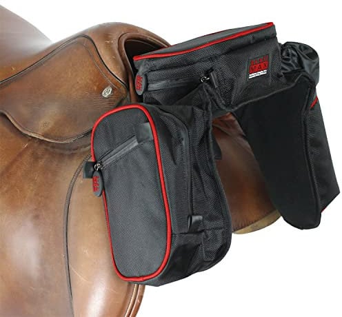 TrailMax Compact English Pommel Pocket Horse Saddle bag; English Front Pocket Horse Saddle Bag w/Water Bottle Sleeve; English/Endurance/Australian Saddle bags; Horse Saddle Bags for Trail Riding;Red